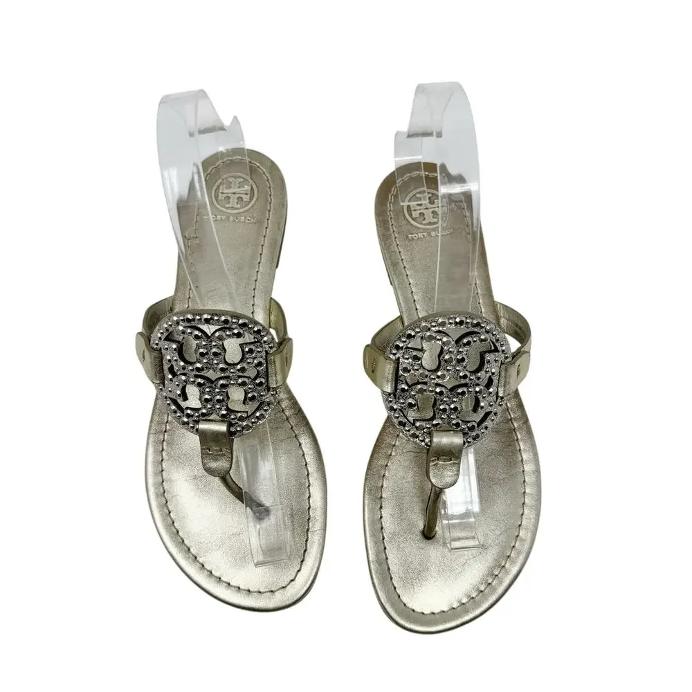 Tory Burch Miller Crystal Embellished Sandal Platinum Metallic Size 8